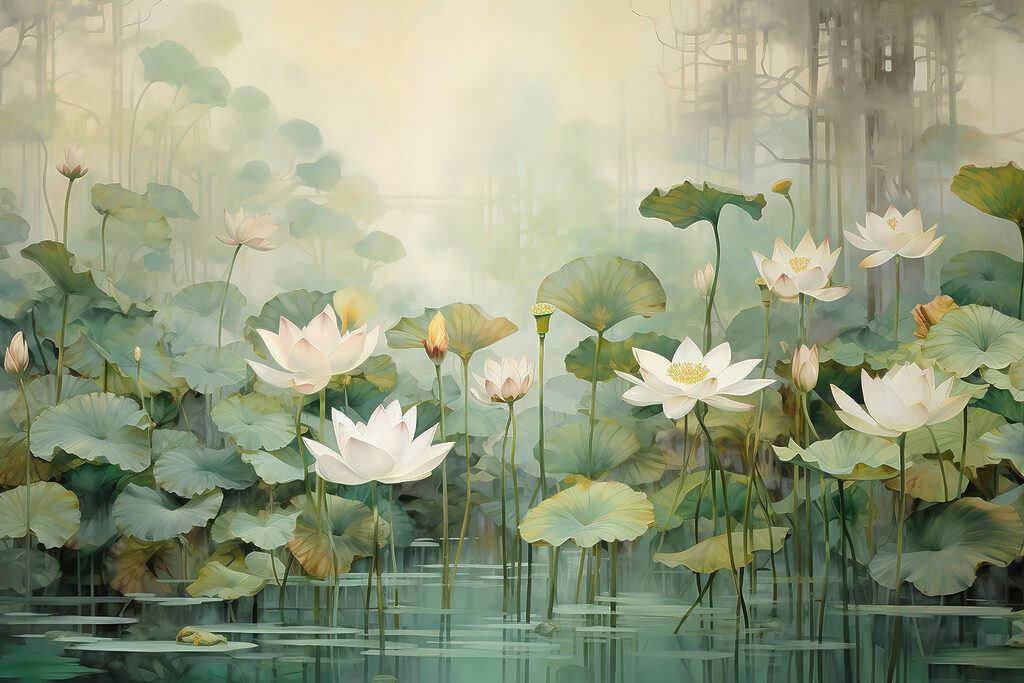 Weiße Blumen und grüne Blätter in einem Teich Weiße Blumen und grüne Blätter in einem Teich