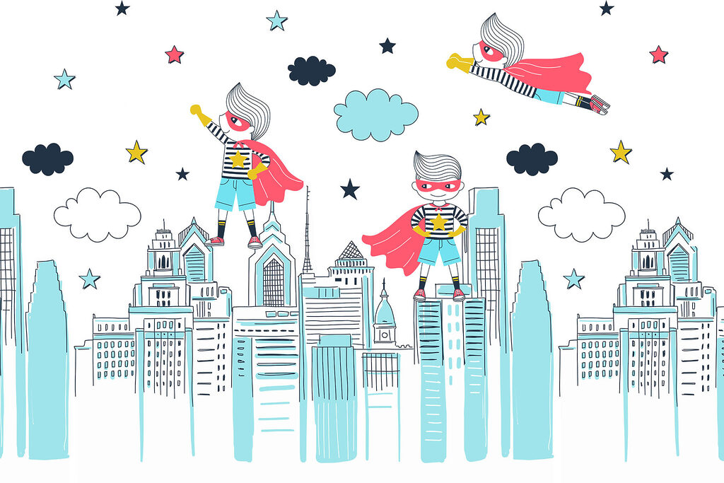 Eine Karikatur eines Superhelden auf einer Stadt Eine Karikatur eines Superhelden auf einer Stadt