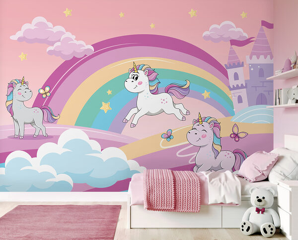 Ein Cartoon-Einhörner und ein Regenbogen Ein Cartoon-Einhörner und ein Regenbogen