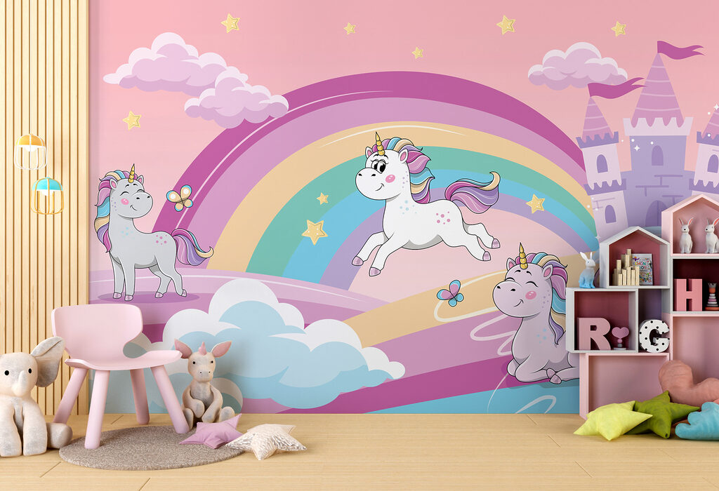 A cartoon unicorns and a rainbow