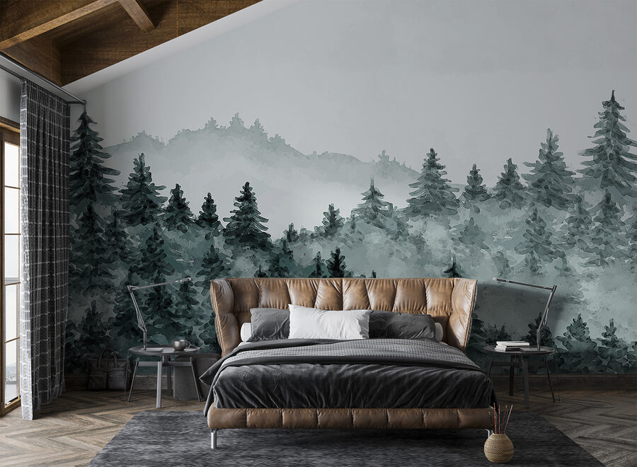 Ein nebliger Wald mit Bäumen Ein nebliger Wald mit Bäumen