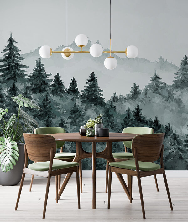 Ein nebliger Wald mit Bäumen Ein nebliger Wald mit Bäumen