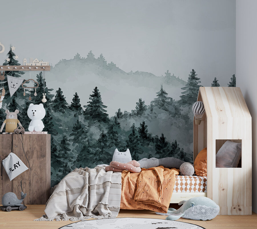 Ein nebliger Wald mit Bäumen Ein nebliger Wald mit Bäumen