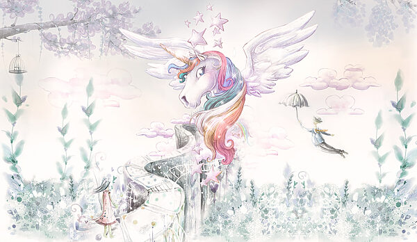 Ein Einhorn mit Flügeln und ein fliegender Mensch Ein Einhorn mit Flügeln und ein fliegender Mensch