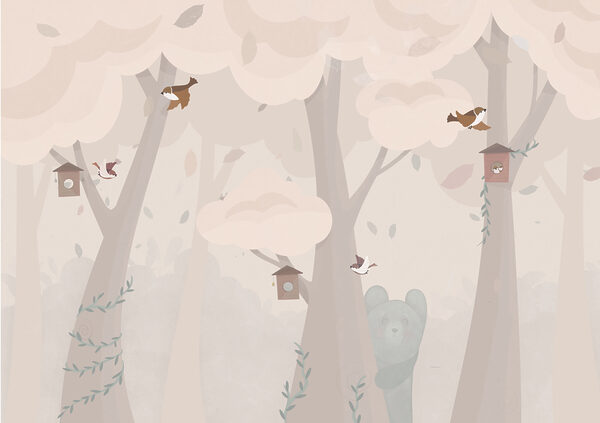 Ein Cartoon mit einem Bären und Vögeln in einem Wald Ein Cartoon mit einem Bären und Vögeln in einem Wald