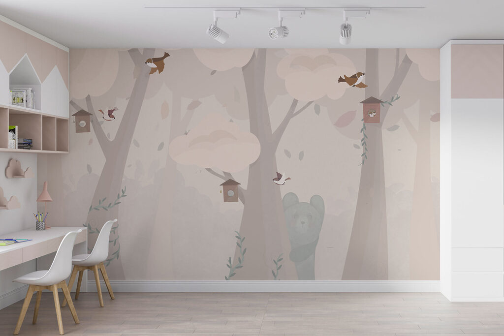 A cartoon of a bear and birds in a forest A cartoon of a bear and birds in a forest