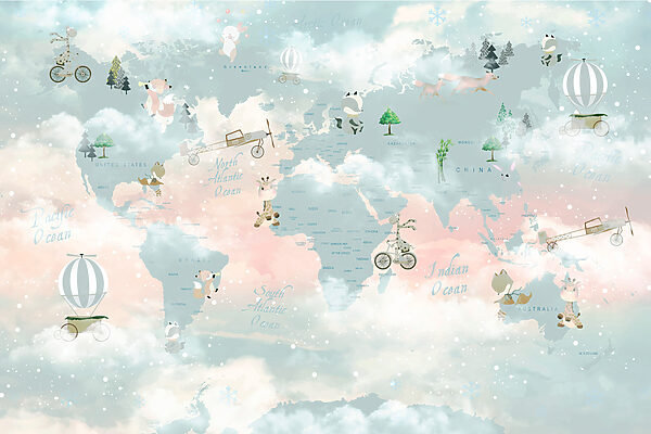 A map of the world with clouds and animals