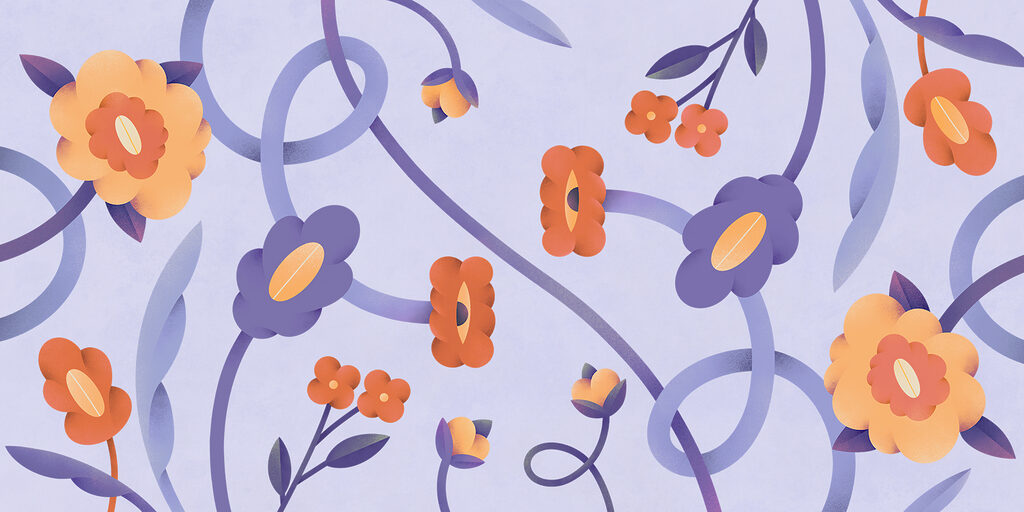 Ein lila und orange Blumen und Reben Ein lila und orange Blumen und Reben