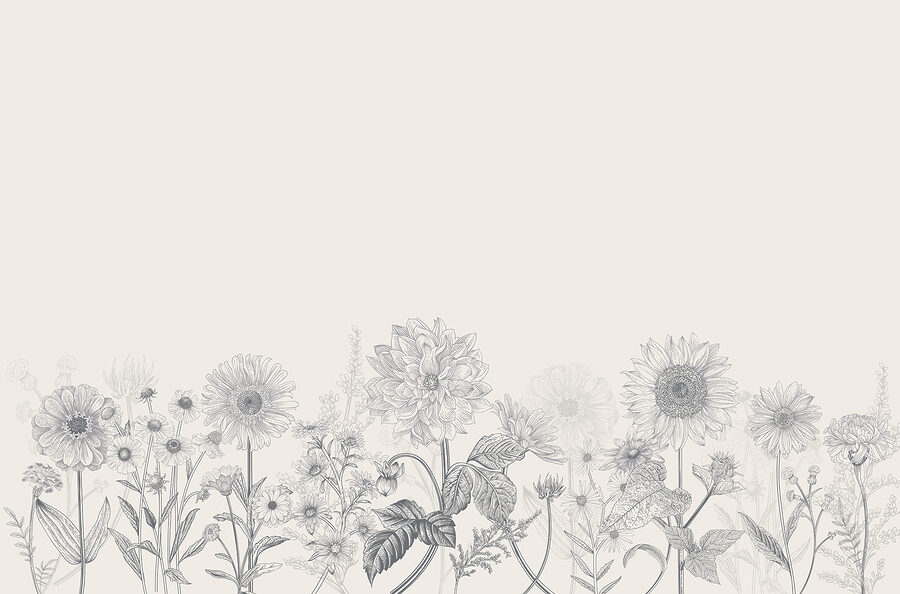 Eine Reihe von Blumen mit Blättern