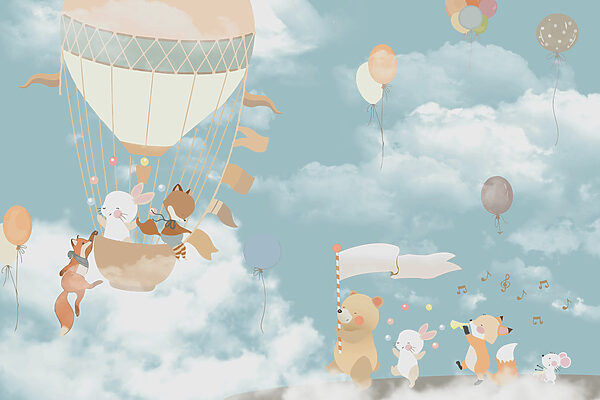 A cartoon of animals in a hot air balloon