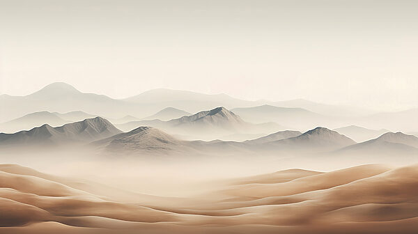 Eine Wüstenlandschaft mit Hügeln und Nebel Eine Wüstenlandschaft mit Hügeln und Nebel