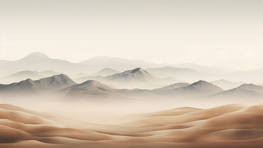 Eine Wüstenlandschaft mit Hügeln und Nebel