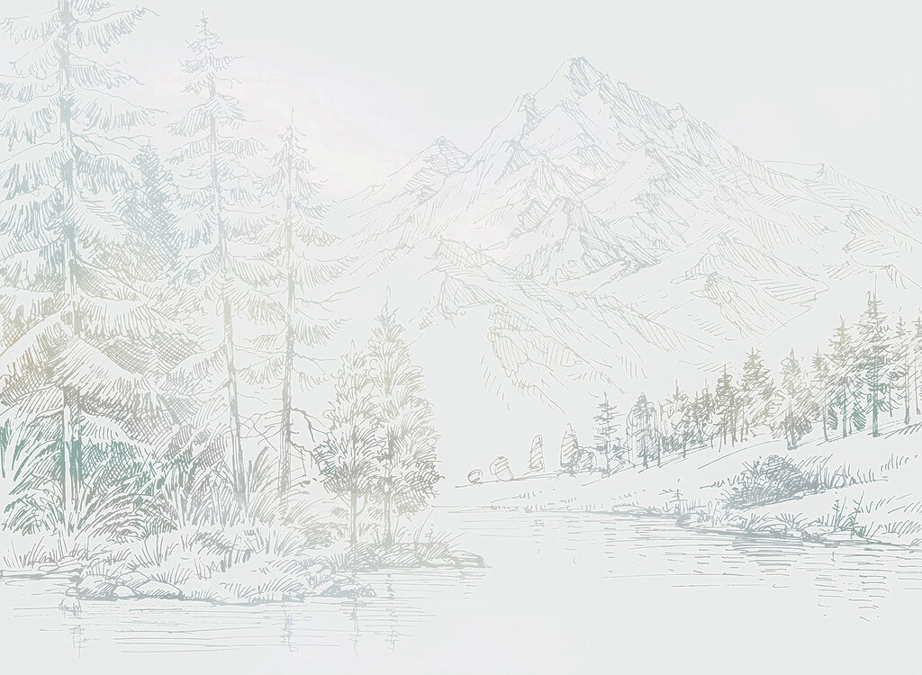 Ein Fluss mit Bäumen und Bergen im Hintergrund Ein Fluss mit Bäumen und Bergen im Hintergrund