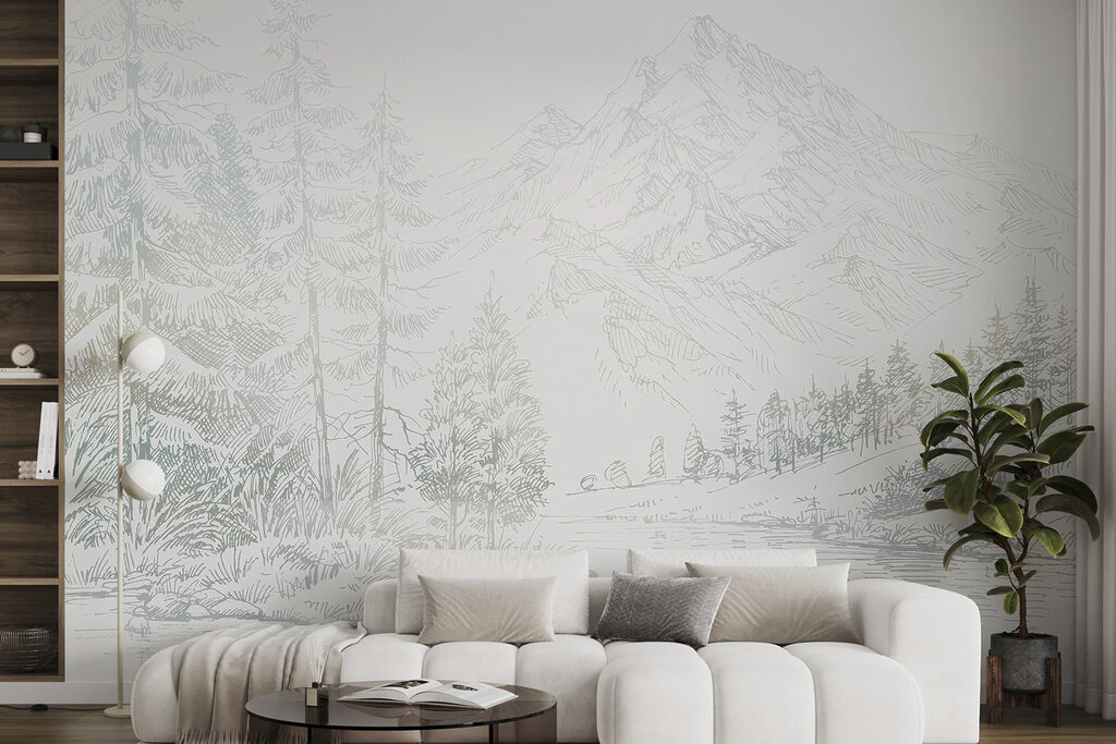 A river with trees and mountains in the background