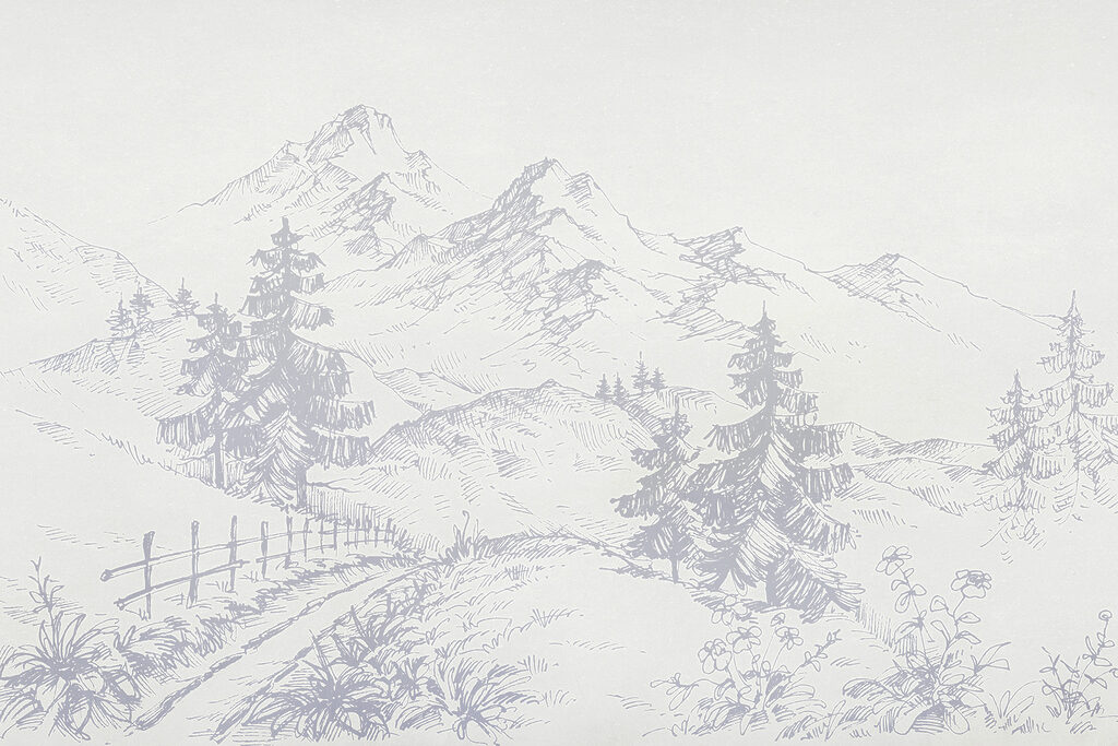 Eine Zeichnung einer Straße und von Bergen Eine Zeichnung einer Straße und von Bergen