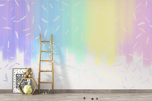 Ein regenbogenfarbener Hintergrund mit weißen Federn fällt Ein regenbogenfarbener Hintergrund mit weißen Federn fällt