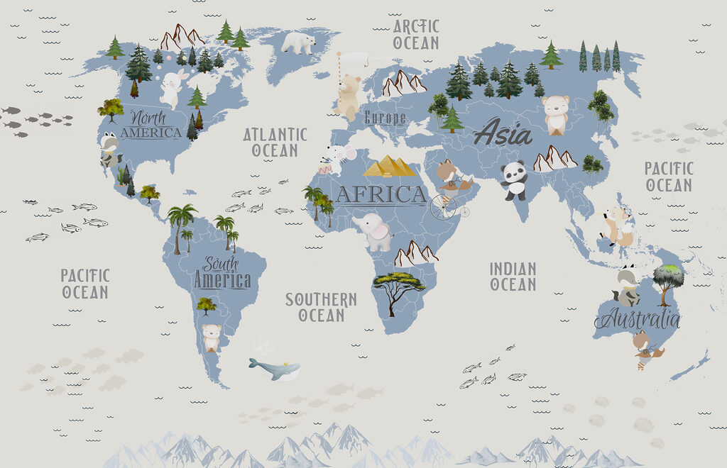 Eine Karte der Welt mit Tieren und Vögeln Eine Karte der Welt mit Tieren und Vögeln