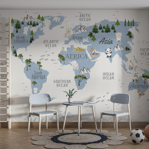 Eine Karte der Welt mit Tieren und Vögeln Eine Karte der Welt mit Tieren und Vögeln
