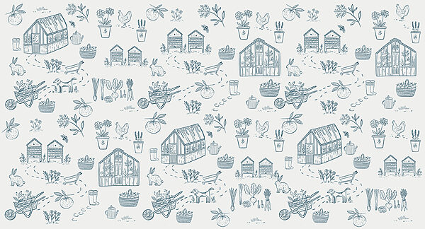A pattern of gardening tools and plants