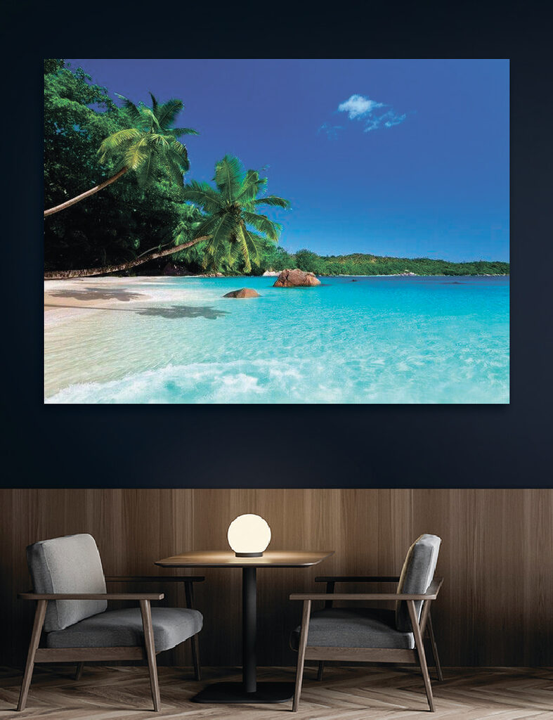 A beach with palm trees and blue water