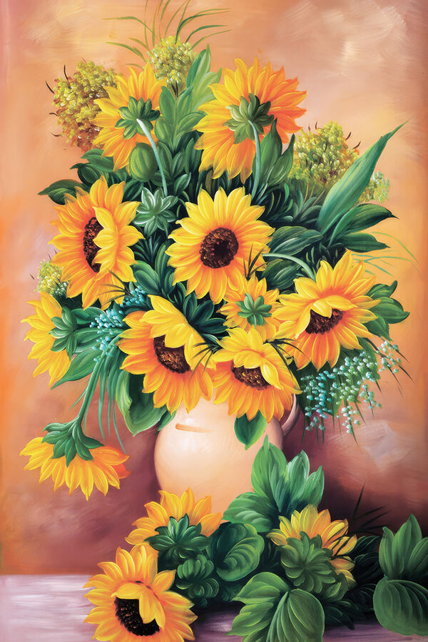 Ein Gemälde mit Sonnenblumen in einer Vase Ein Gemälde mit Sonnenblumen in einer Vase