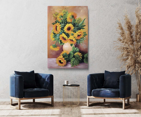 Ein Gemälde mit Sonnenblumen in einer Vase Ein Gemälde mit Sonnenblumen in einer Vase