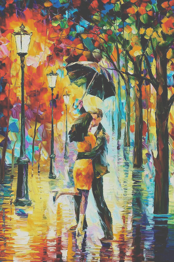 Ein Gemälde mit einem sich küssenden Paar unter einem Regenschirm Ein Gemälde mit einem sich küssenden Paar unter einem Regenschirm