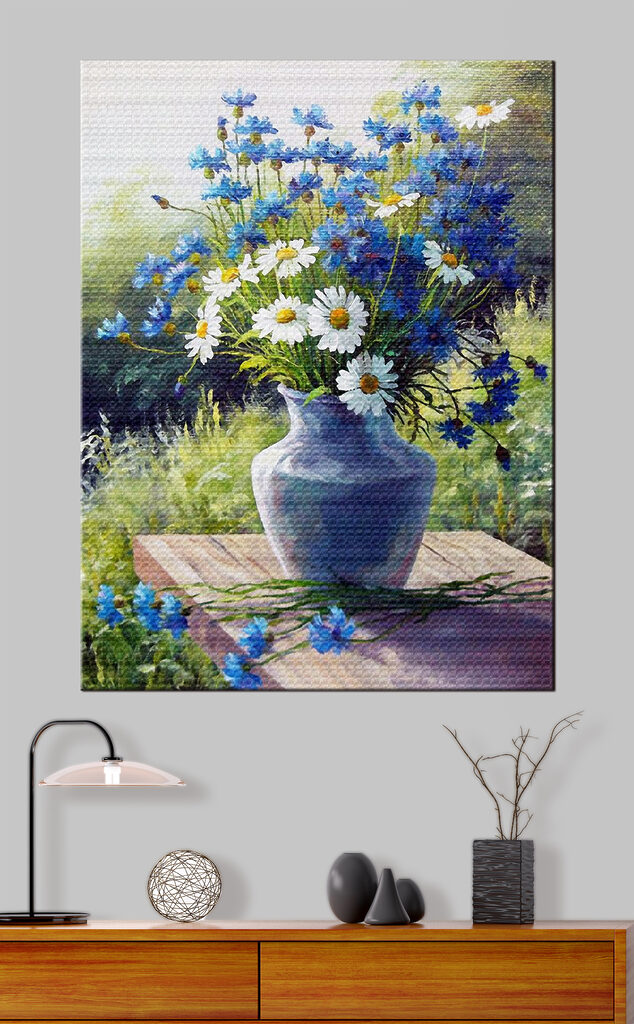 A painting of a vase of flowers A painting of a vase of flowers