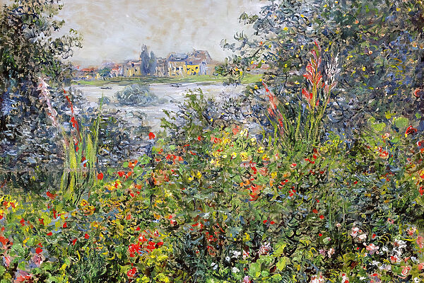 Ein Gemälde eines Gartens mit Blumen und Bäumen Ein Gemälde eines Gartens mit Blumen und Bäumen