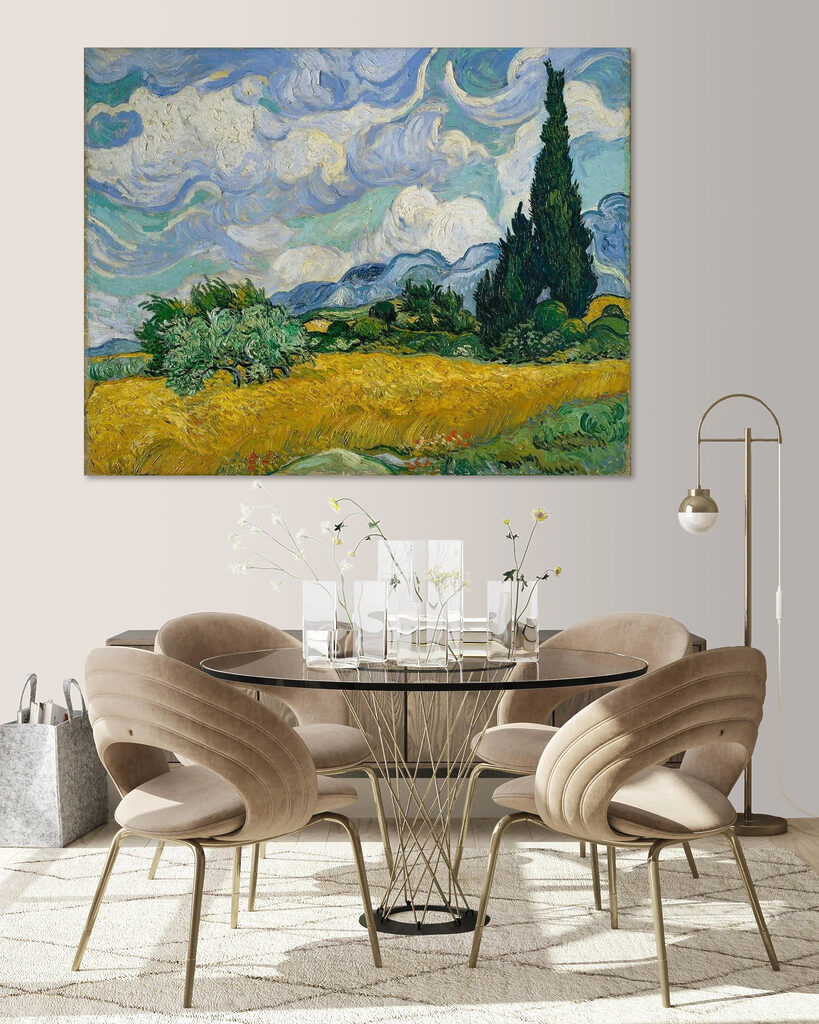 A painting of a landscape with trees and mountains