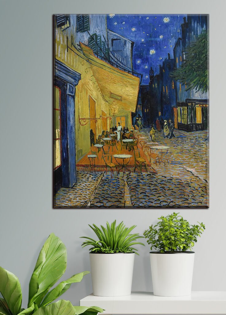 A painting of a street with tables and chairs A painting of a street with tables and chairs