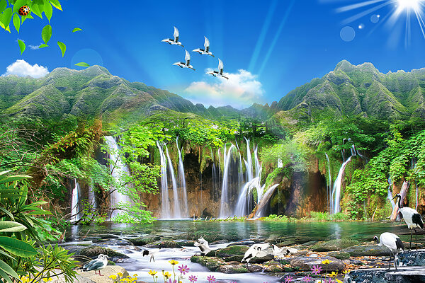 Ein Wasserfall mit darüber fliegenden Vögeln Ein Wasserfall mit darüber fliegenden Vögeln