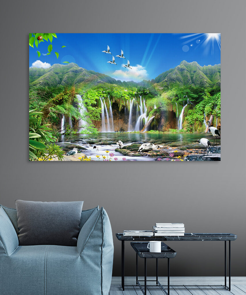 A waterfall with birds flying over it