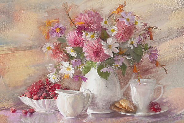 Ein Bild mit Blumen in einer Vase und einer Schüssel mit Essen Ein Bild mit Blumen in einer Vase und einer Schüssel mit Essen