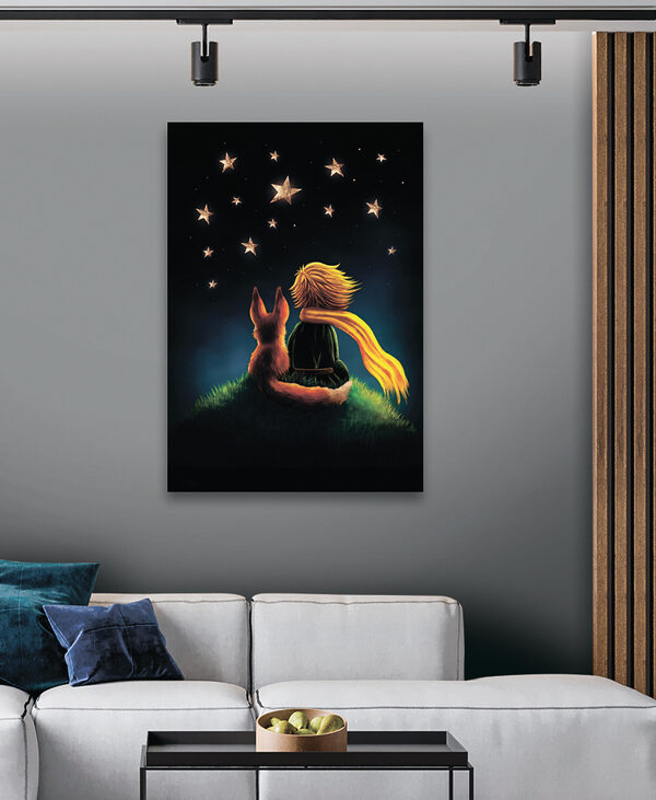 A fox and a little prince looking at stars