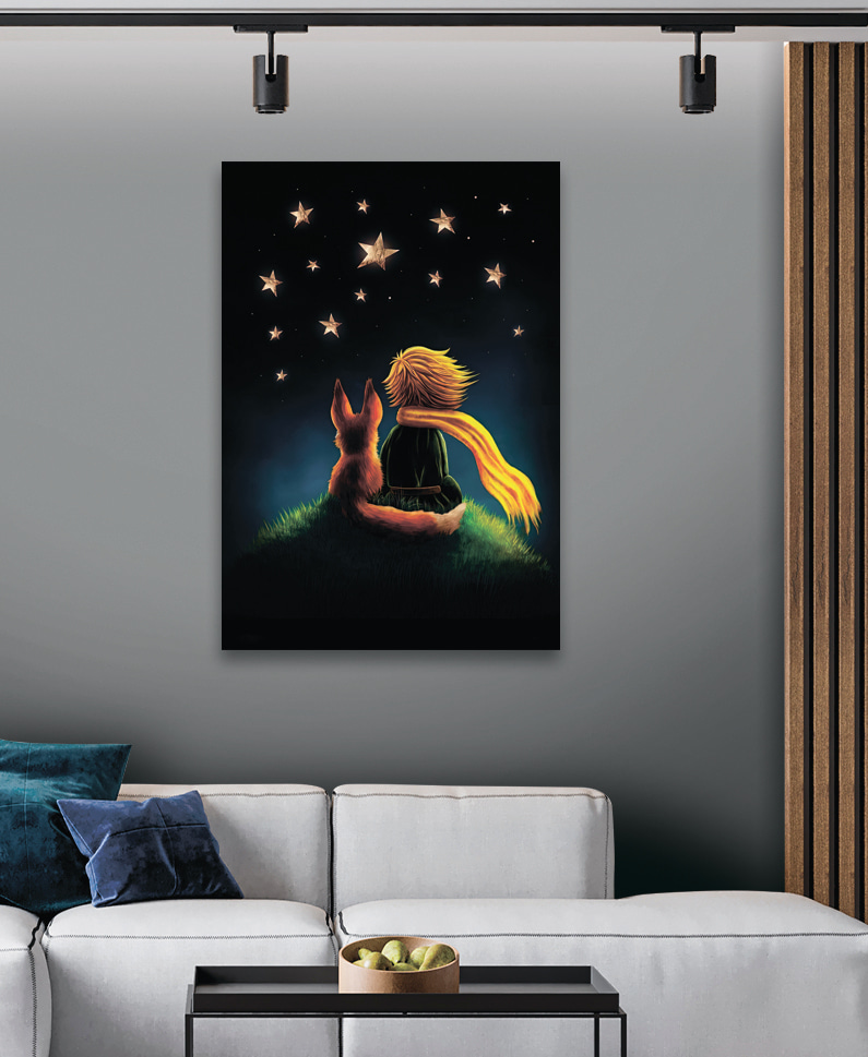 A fox and a little prince looking at stars