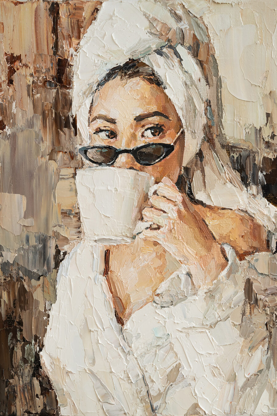 Ein Gemälde einer Frau mit einer Tasse in der Hand
