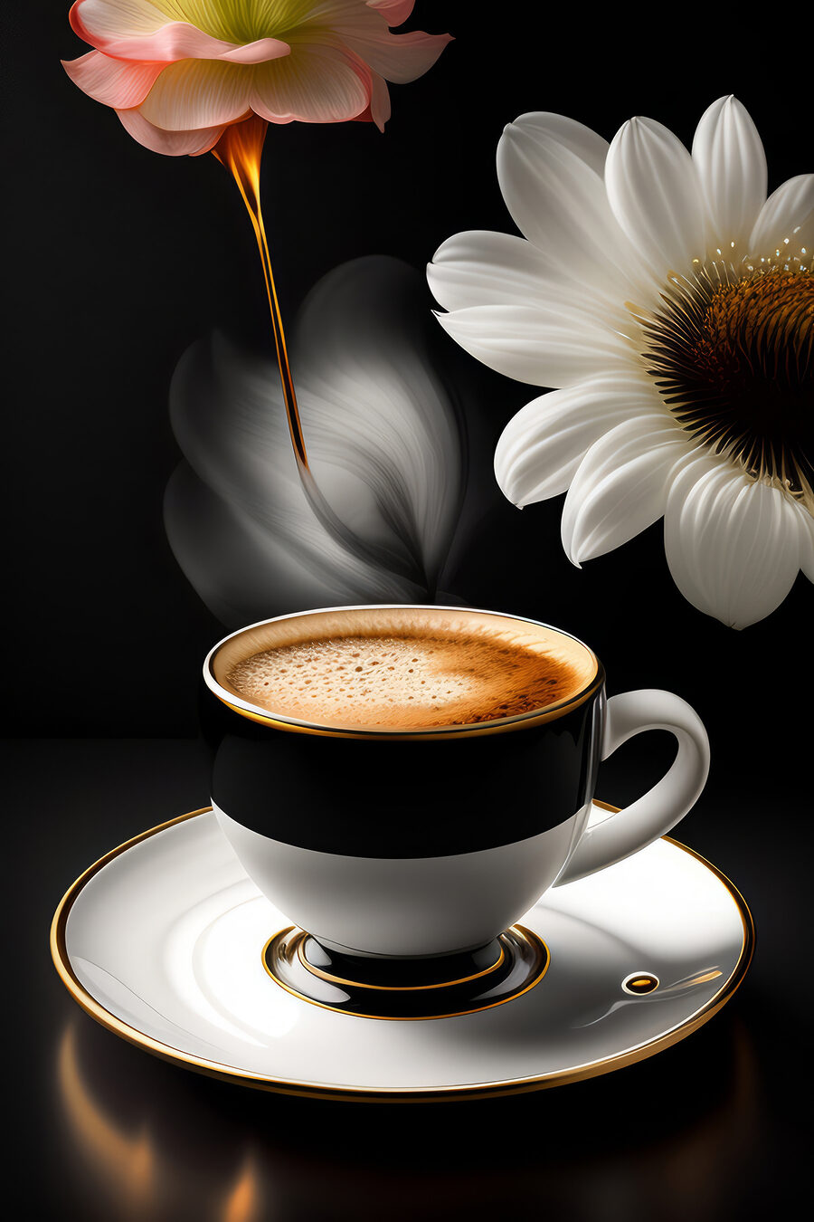 Eine Tasse Kaffee und eine Blume Eine Tasse Kaffee und eine Blume