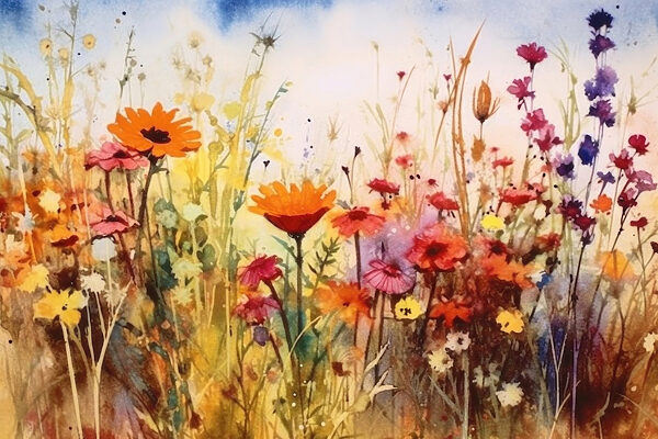 Ein Gemälde mit Blumen auf einem Feld Ein Gemälde mit Blumen auf einem Feld