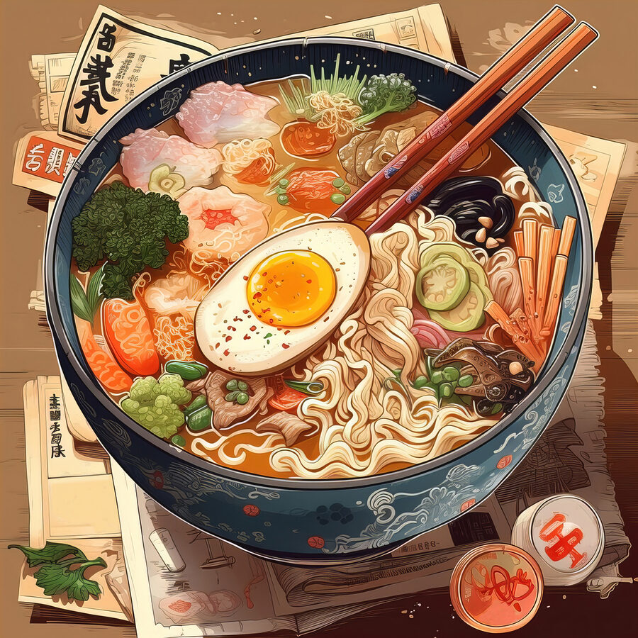 Eine Schüssel Ramen mit Stäbchen und einem Ei Eine Schüssel Ramen mit Stäbchen und einem Ei