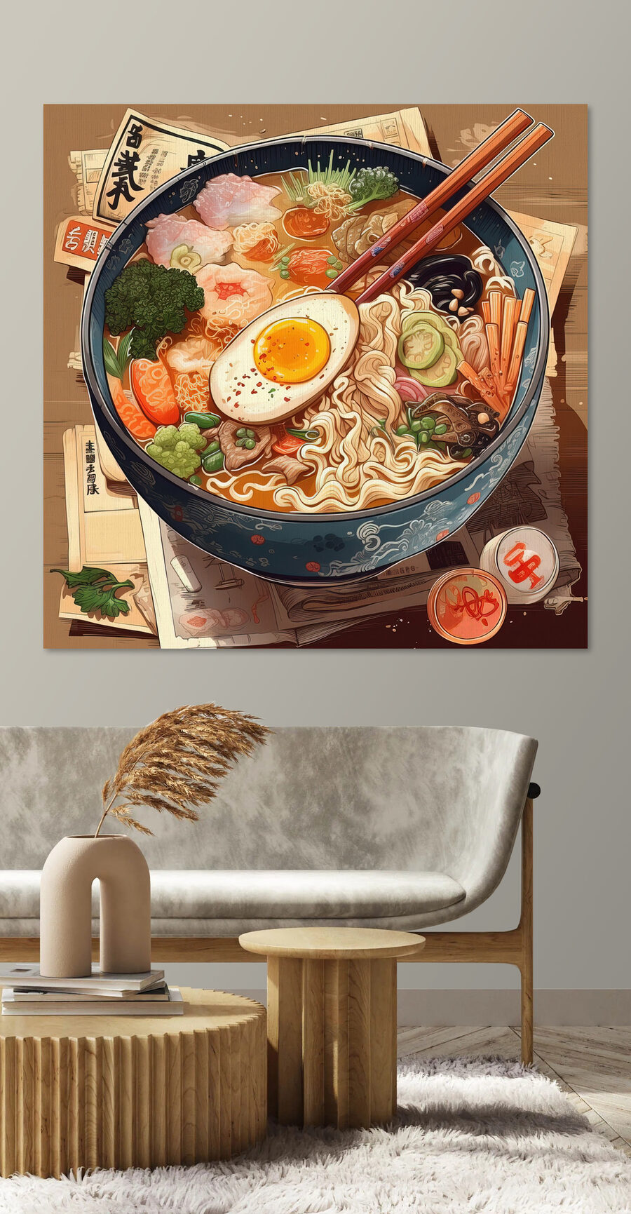 Eine Schüssel Ramen mit Stäbchen und einem Ei Eine Schüssel Ramen mit Stäbchen und einem Ei