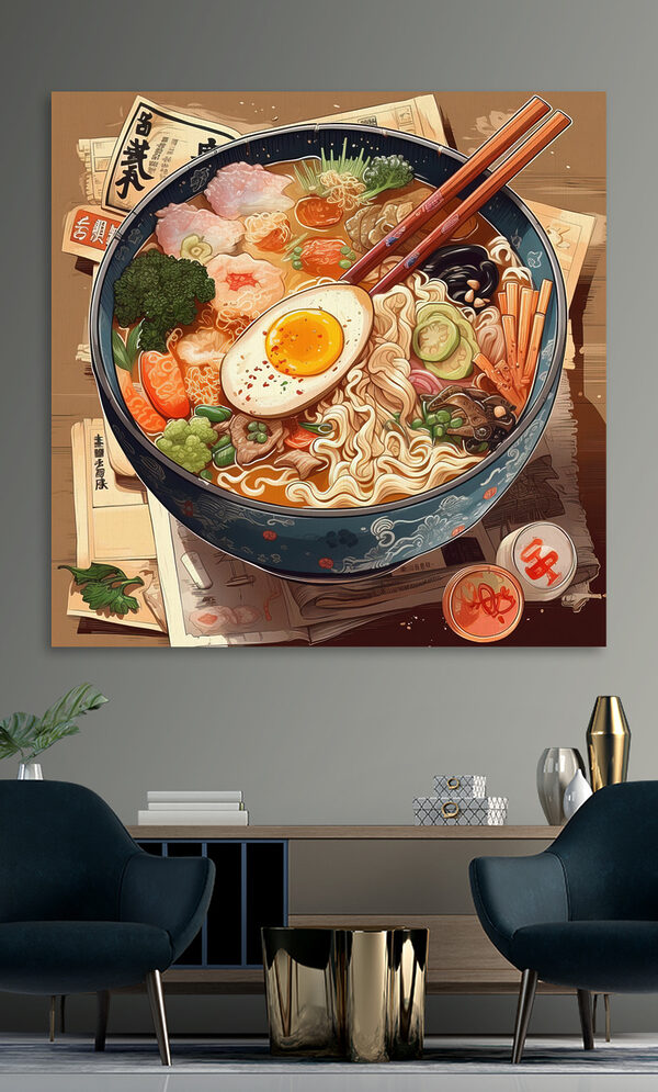 Eine Schüssel Ramen mit Stäbchen und einem Ei Eine Schüssel Ramen mit Stäbchen und einem Ei