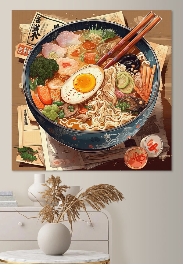 Eine Schüssel Ramen mit Stäbchen und einem Ei Eine Schüssel Ramen mit Stäbchen und einem Ei