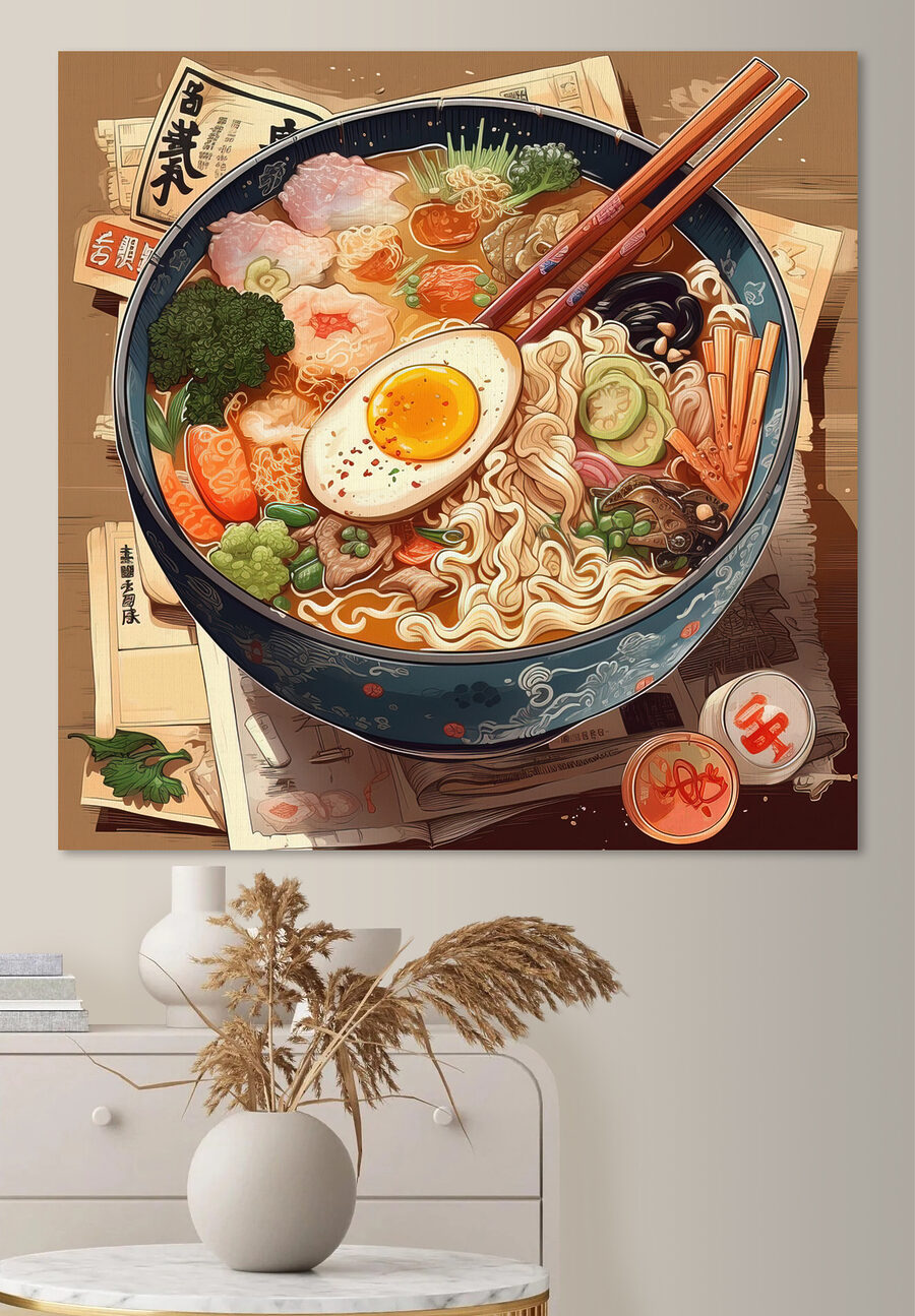 Eine Schüssel Ramen mit Stäbchen und einem Ei Eine Schüssel Ramen mit Stäbchen und einem Ei