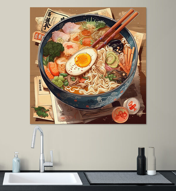 Eine Schüssel Ramen mit Stäbchen und einem Ei Eine Schüssel Ramen mit Stäbchen und einem Ei