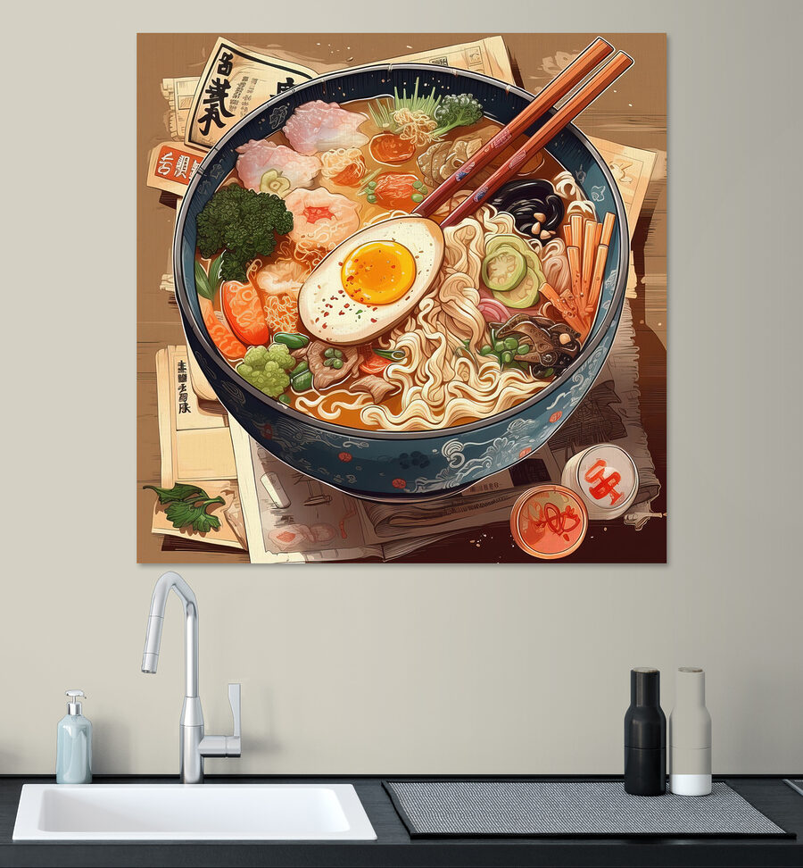 Eine Schüssel Ramen mit Stäbchen und einem Ei Eine Schüssel Ramen mit Stäbchen und einem Ei