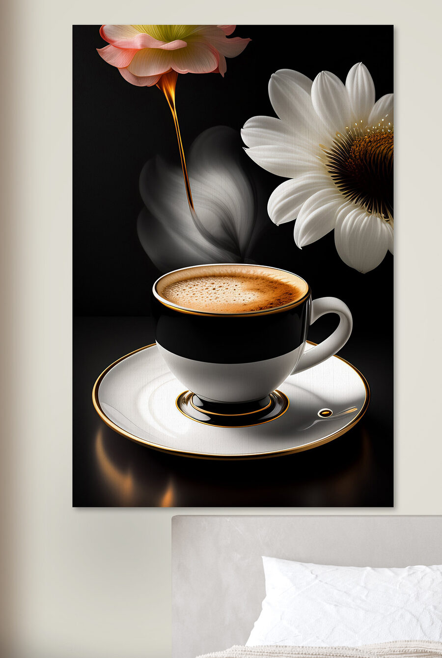 Eine Tasse Kaffee und eine Blume Eine Tasse Kaffee und eine Blume