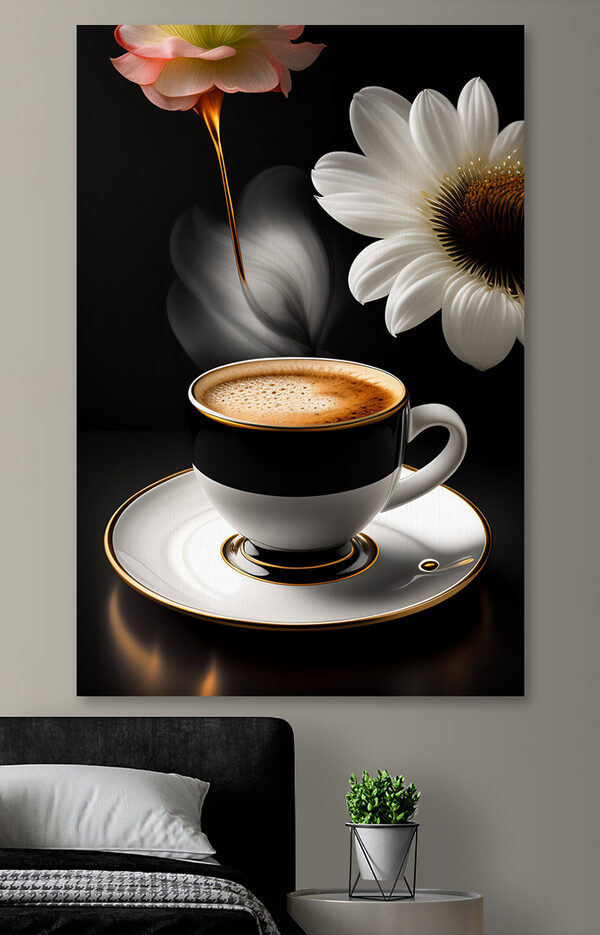 Eine Tasse Kaffee und eine Blume Eine Tasse Kaffee und eine Blume