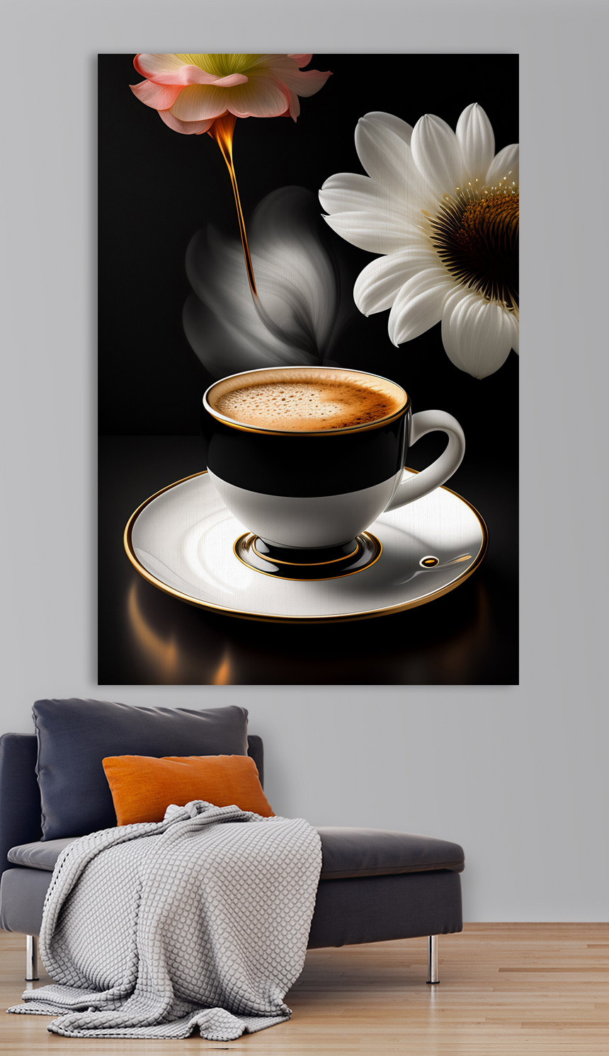 Eine Tasse Kaffee und eine Blume Eine Tasse Kaffee und eine Blume