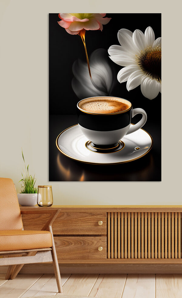 Eine Tasse Kaffee und eine Blume Eine Tasse Kaffee und eine Blume